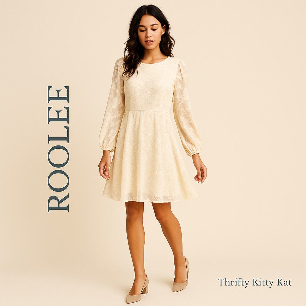 Roolee Textured Floral Long Sleeve Empire Waist Lined Knee‎ Length Dress Ivory M